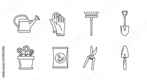 Black outline icons of gardening tools including watering can, gloves, rake, shovel, potted plant, soil bag, pruning shears, and hand trowel.