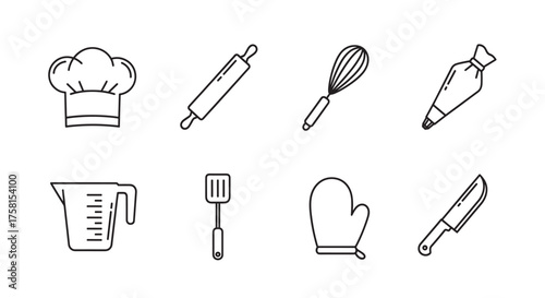 Black outline vector icons of various kitchen tools including a chef's hat, rolling pin, whisk, piping bag, measuring cup, spatula, oven mitt, and knife.