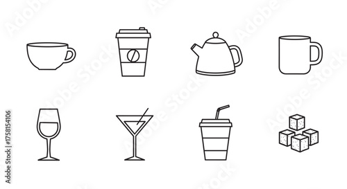 Black outline icons of various drink containers including cups, a teapot, and a cocktail glass, suitable for beverages and drinkware concepts.