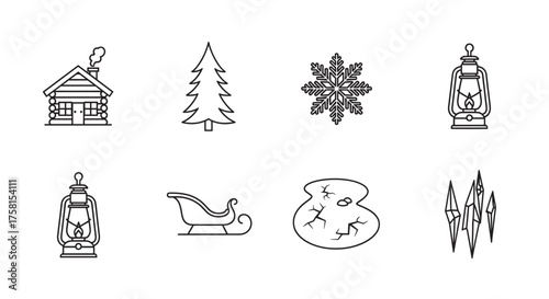 Set of eight black outline symbols depicting winter themes including a cabin, pine tree, snowflake, lantern, sleigh, frozen pond, and icicles.