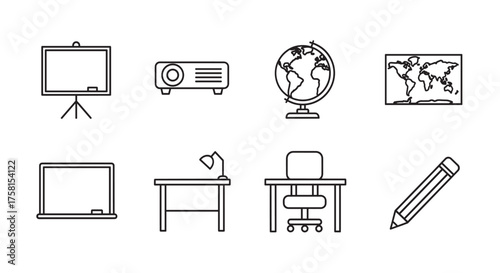 Black outline vector icons of various office and classroom items including a projector, globe, desk, map, and pencil.