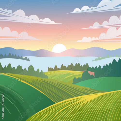 panorama of a beautiful, ecological farmland at sunrise