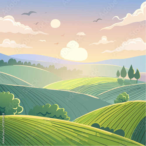 panorama of a beautiful, ecological farmland at sunrise