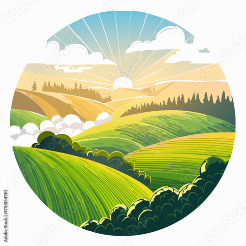 panorama of a beautiful, ecological farmland at sunrise