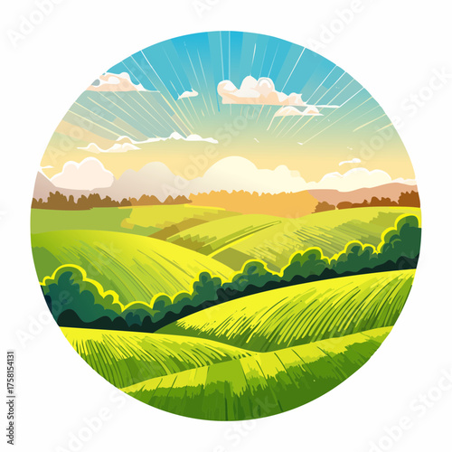 panorama of a beautiful, ecological farmland at sunrise