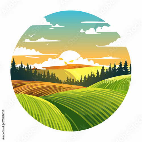 panorama of a beautiful, ecological farmland at sunrise