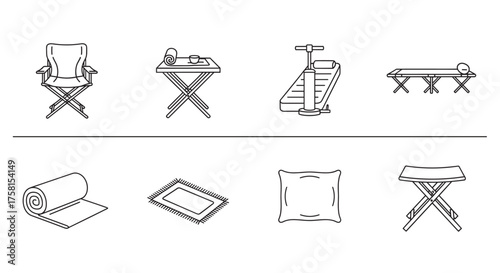 Black outline icons of various camping equipment including a folding chair, table, treadmill, cot, mat, carpet, pillow, and stool.