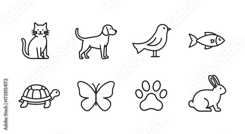 Simple black outline vector icons of various animals, including a cat, dog, bird, fish, turtle, butterfly, paw print, and rabbit, designed for easy identification.