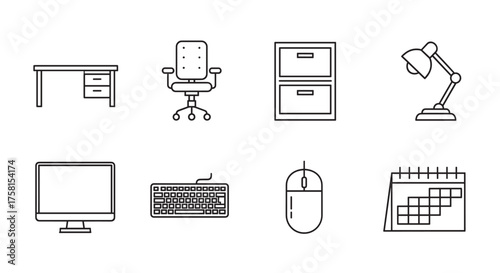 Black outline vector icons of office equipment including a desk, chair, filing cabinet, lamp, computer, keyboard, mouse, and calendar arranged in two rows.
