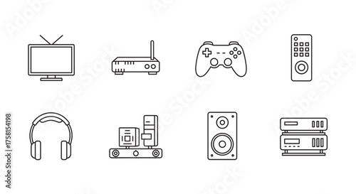 Black outline icons of various electronic gadgets including a television, router, game controller, remote control, headphones, speaker system, speaker, and dvd player.