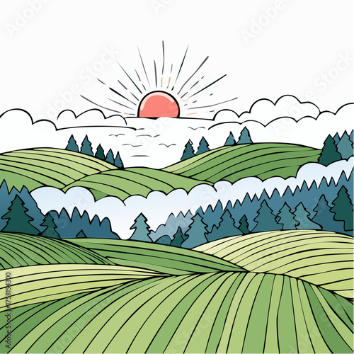 panorama of a beautiful, ecological farmland at sunrise