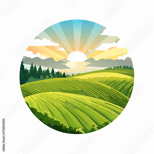 panorama of a beautiful, ecological farmland at sunrise