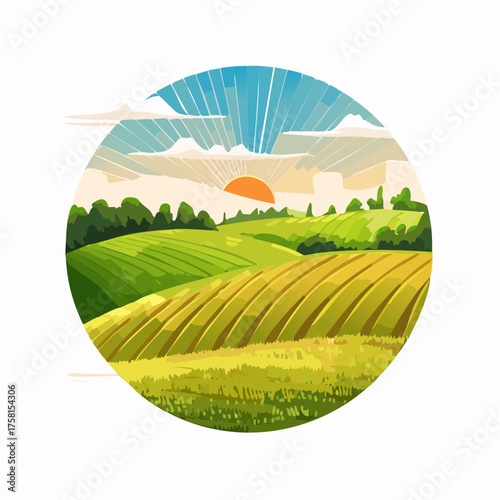 panorama of a beautiful, ecological farmland at sunrise