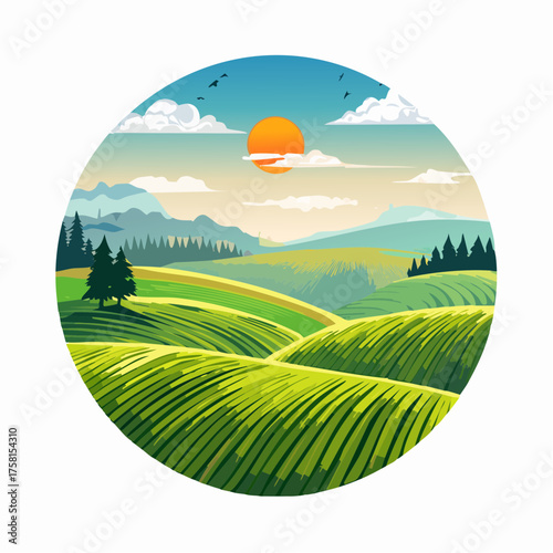 panorama of a beautiful, ecological farmland at sunrise