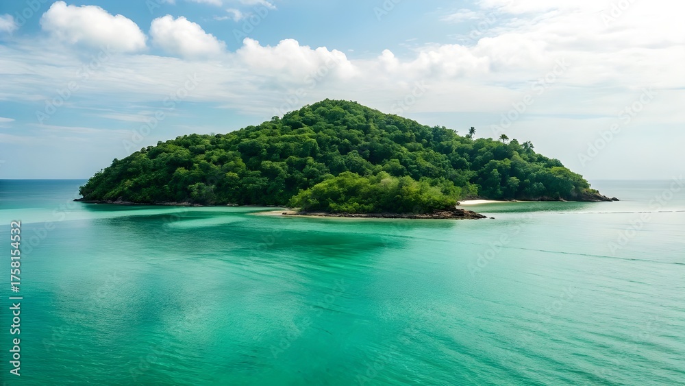 Obraz premium A Small Island Rests Peacefully Amid Serene Emerald Ocean Stillness, Surrounded By Crystal Waters That Reflect The Calm Beauty And Untouched Harmony Of Nature’s Coastal Paradise