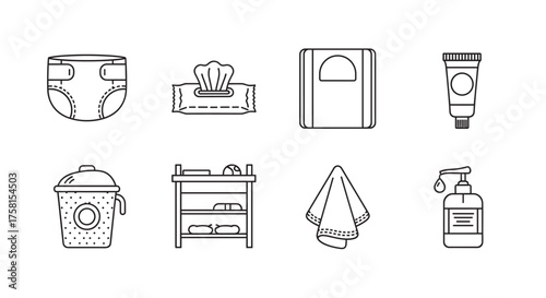 Set of eight black outline icons depicting various baby care items, including a diaper, wipes, scale, cream, diaper pail, crib, towel, and lotion dispenser.