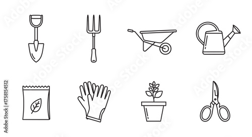 Simple black outline icons of various gardening tools including a trowel, pitchfork, wheelbarrow, watering can, seed packet, gloves, potted plant, and scissors.
