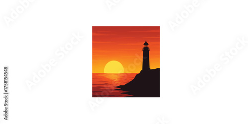 Print  Lighthouse on seashore — sunset silhouette vector illustration