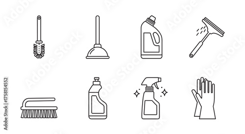 Black outline vector icons of various cleaning tools, including a toilet brush, plunger, squeegee, and gloves, emphasizing cleanliness and hygiene.