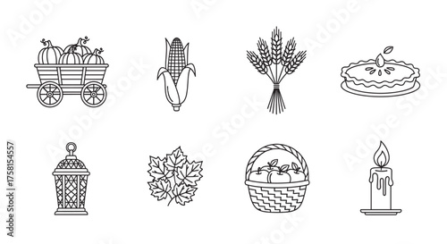 Black outline icons featuring a cart with pumpkins, corn cob, wheat stalks, pie, vintage lantern, maple leaves, apple basket, and a lit candle.