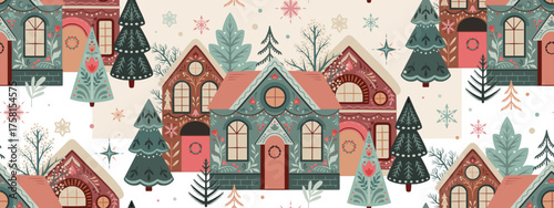 Vector seamless pattern with winter houses. Christmas scenery with colorful houses, falling snow, trees. Snowy village landscape