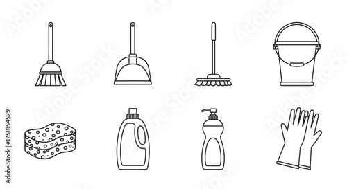 Black outline icons of various cleaning tools including brooms, dustpans, mops, a bucket, a sponge, detergent bottles, and rubber gloves.