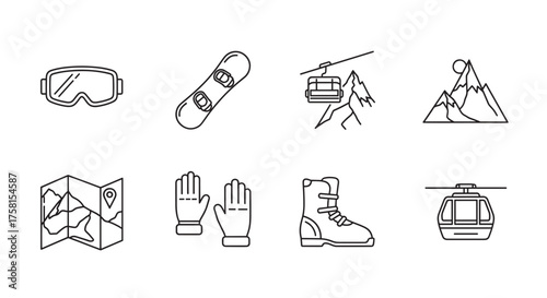 Black outline icons of winter sports gear including goggles, snowboard, ski lift, mountains, map, gloves, boots, and gondola, illustrating outdoor adventure activities.