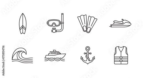 Black outline vector icons of various water sports equipment and symbols, including a surfboard, snorkeling gear, flippers, jet ski, wave, boat, anchor, and life jacket.