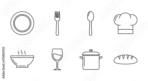 Black outline vector icons of kitchenware items including a plate, fork, spoon, chef hat, bowl, wine glass, cooking pot, and loaf of bread.