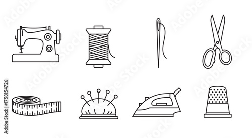 Black outline icons of sewing tools including a sewing machine, thread spool, needle, scissors, measuring tape, pincushion, iron, and thimble.