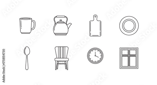Black outline icons of a mug, kettle, cutting board, plate, spoon, chair, clock, and window on a white background.