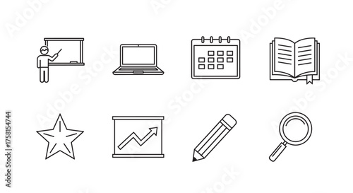 Black outline icons depicting a teacher at a chalkboard, laptop, calendar, open book, star, graph with upward arrow, pencil, and magnifying glass.