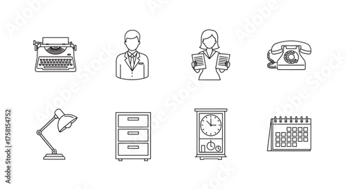 Collection of black outline vector icons depicting office items including a typewriter, file cabinet, desk lamp, clock, and a man and woman in professional attire.