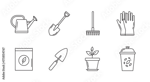 Black outline vector icons of gardening tools, featuring a watering can, shovel, rake, gloves, seeds packet, trowel, potted plant, and compost bin.