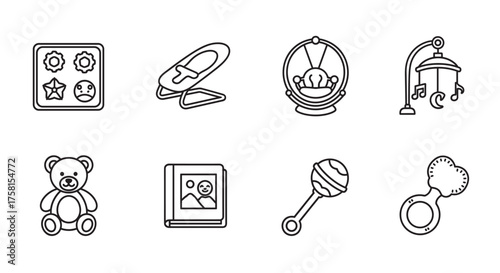 Black outline icons of various baby-related items including a mobile, teddy bear, and a baby book, symbolizing childhood and infant care.