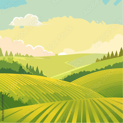 panorama of a beautiful, ecological farmland at sunrise