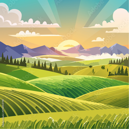 panorama of a beautiful, ecological farmland at sunrise