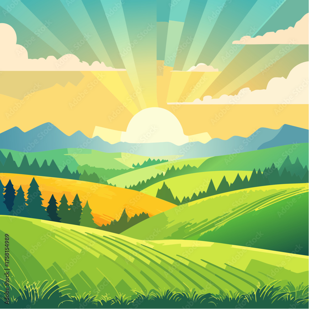 Fototapeta premium panorama of a beautiful, ecological farmland at sunrise