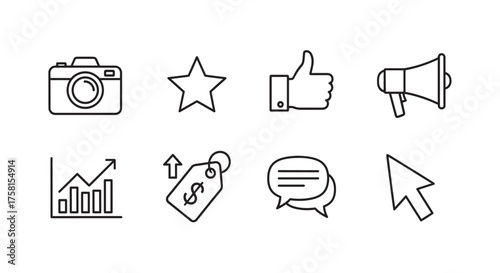 Set of eight black outline icons including a camera, star, thumbs up, megaphone, chart, price tag, speech bubbles, and cursor arrow.