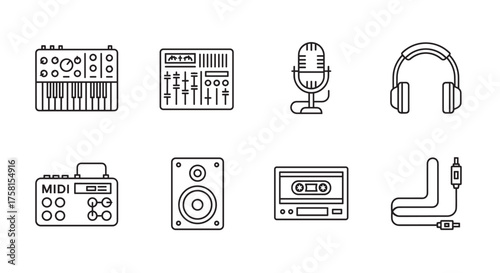 Black outline vector icons of various audio equipment including synthesizer, sound mixer, microphone, headphones, midi controller, speaker, cassette tape, and audio cable.