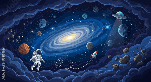 Deep Space Vector Background with Astronaut, Rocket, UFO and Galaxies - Cosmic Illustration