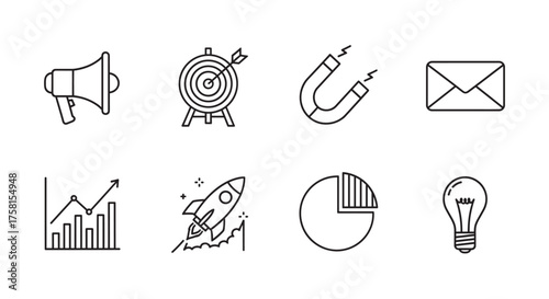 Set of simple black outline icons depicting business and marketing concepts including megaphone, target, magnet, envelope, graph, rocket, pie chart, and light bulb.