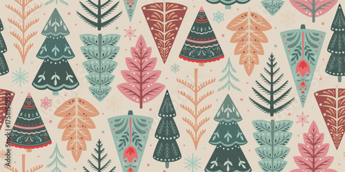 Vector seamless pattern with forest trees, folk ornaments, decorations. Vector endless background of winter Christmas symbols in modern graphic style