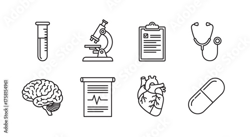 Black outline vector icons of medical equipment and symbols, including a test tube, microscope, checklist, stethoscope, brain, ekg chart, heart, and pill.