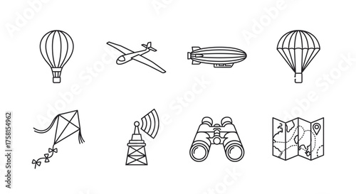 Black outline vector icons depicting various travel and adventure elements, including a hot air balloon, airplane, zeppelin, parachute, kite, radio tower, binoculars, and map.