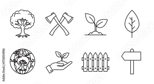 Set of eight black outline ecology icons featuring a tree, crossed axes, a sapling, a leaf, a globe with tree, a hand holding a seedling, a fence, and a signpost.