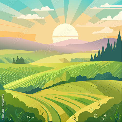 panorama of a beautiful, ecological farmland at sunrise