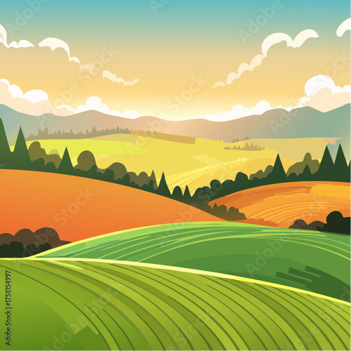 panorama of a beautiful, ecological farmland at sunrise