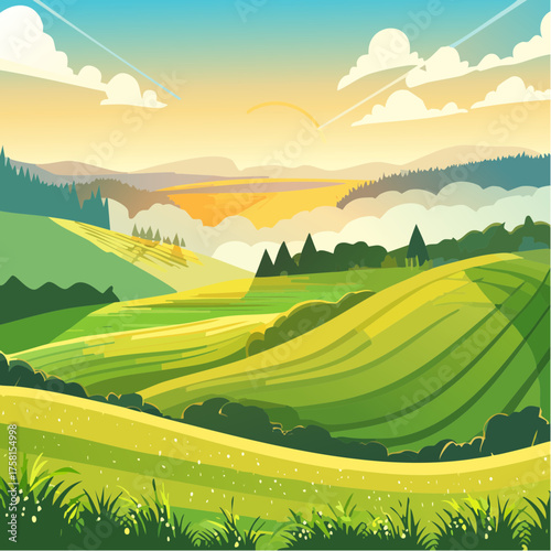 panorama of a beautiful, ecological farmland at sunrise