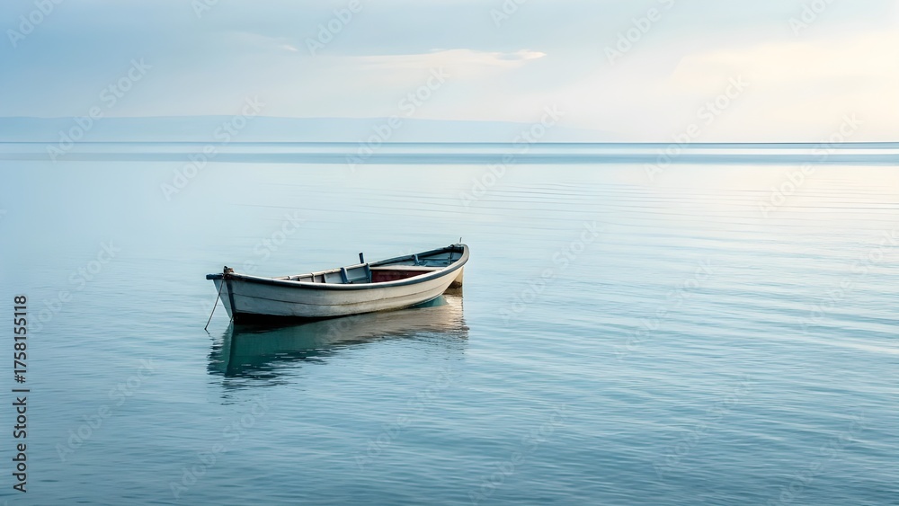 Naklejka premium A Tiny Fishing Boat Floats Motionless On Endless Glassy Water Beneath A Vast Open Sky, Reflecting Perfect Stillness, Solitude, And The Peaceful Harmony Between Sea And Horizon